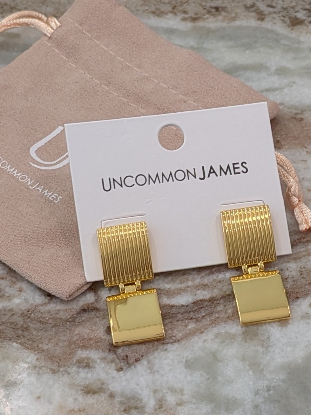Uncommon James Hudson Square Gold Ribbed/Smooth Drop Earrings-NWT